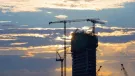 A high rise building framed against a sunset flanked by several tower cranes