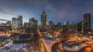 The Montréal towards sunset with a ligh dusting of snow covering the ground