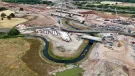 Aerial view of the re-aligned River Cole near Coleshill, showing the new meandering channel created to enable construction of HS2 viaducts at Delta Junction.