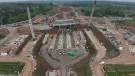 An aerial view of The 14,500-tonne concrete box structure for HS2’s A46 Kenilworth bypass bridge was built offline and slid into place in just 18 days. (Image courtesy HS2 Ltd)